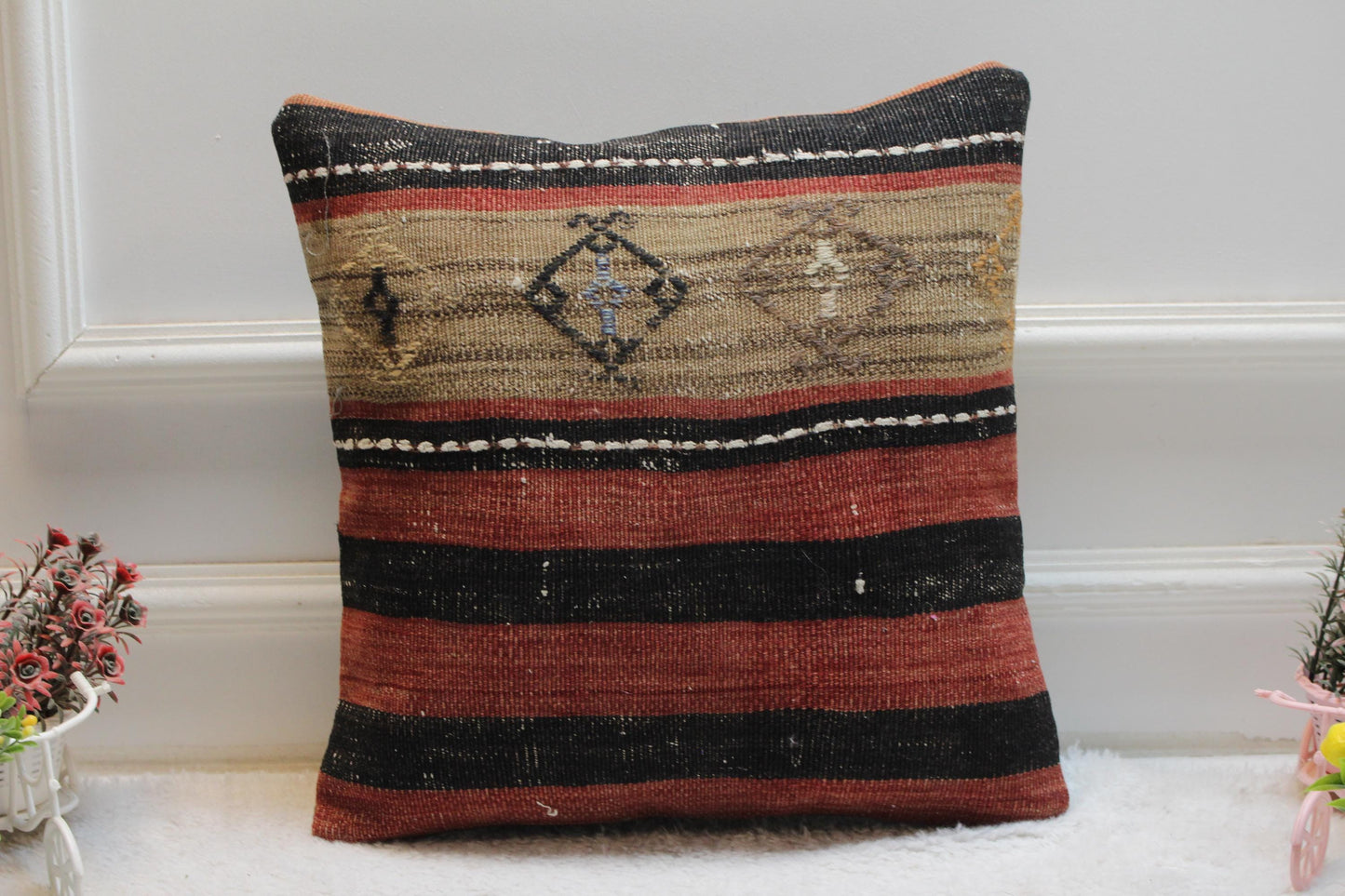 Handmade Kilim Pillow Cover: Upcycled Organic Wool, Rainbow, 16x16