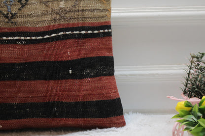 Handmade Kilim Pillow Cover: Upcycled Organic Wool, Rainbow, 16x16