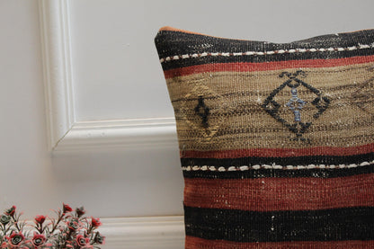 Handmade Kilim Pillow Cover: Upcycled Organic Wool, Rainbow, 16x16