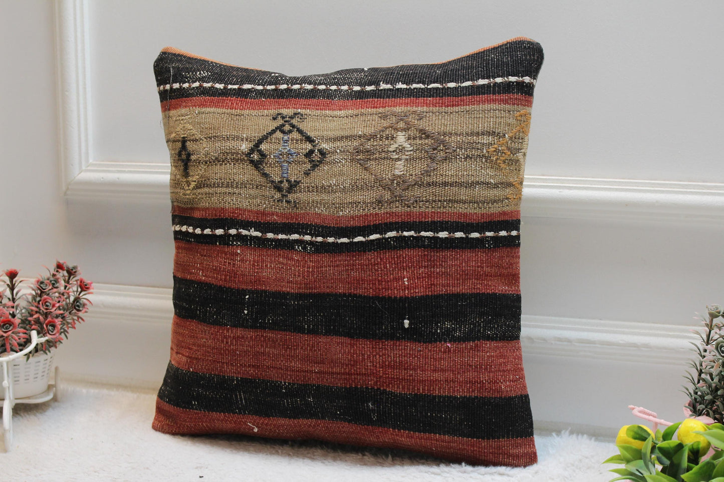 Handmade Kilim Pillow Cover: Upcycled Organic Wool, Rainbow, 16x16