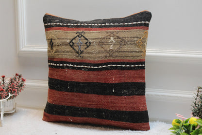 Handmade Kilim Pillow Cover: Upcycled Organic Wool, Rainbow, 16x16