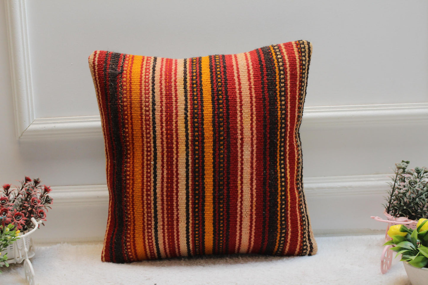 Striped Kilim Pillow Cover: Handmade Woven Wool, Bohemian Decor (16x16 in)