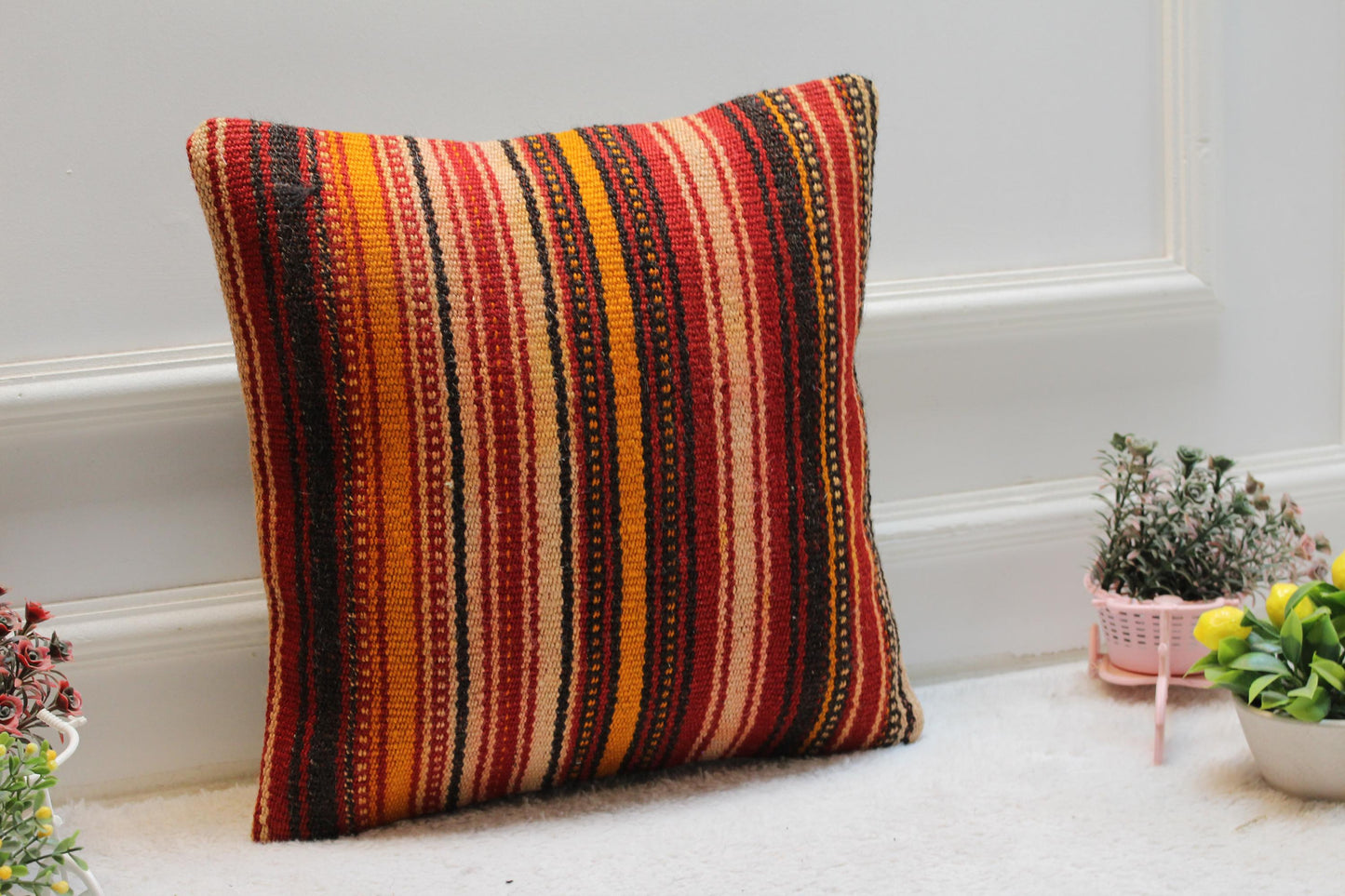 Striped Kilim Pillow Cover: Handmade Woven Wool, Bohemian Decor (16x16 in)
