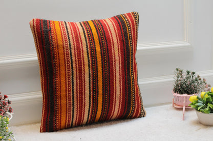 Striped Kilim Pillow Cover: Handmade Woven Wool, Bohemian Decor (16x16 in)