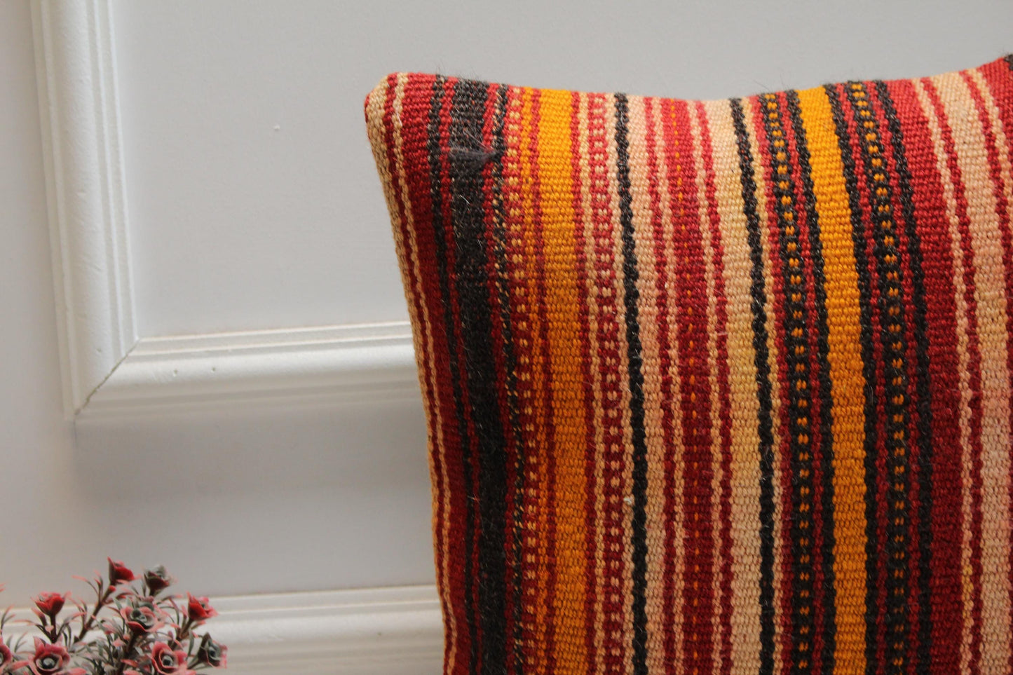 Striped Kilim Pillow Cover: Handmade Woven Wool, Bohemian Decor (16x16 in)