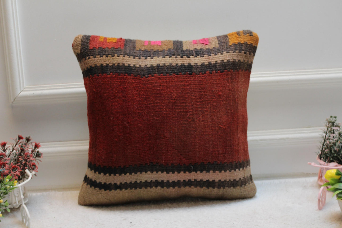 Red Kilim Pillow Cover: 16x16 Square, Upcycled Woven Rug