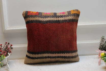Red Kilim Pillow Cover: 16x16 Square, Upcycled Woven Rug