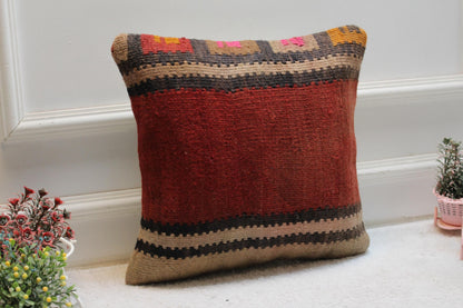 Red Kilim Pillow Cover: 16x16 Square, Upcycled Woven Rug