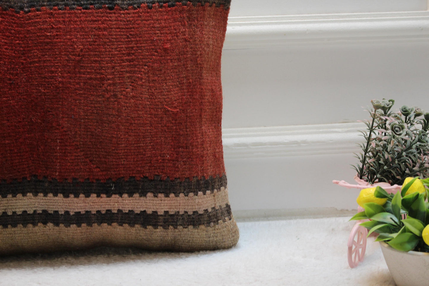 Red Kilim Pillow Cover: 16x16 Square, Upcycled Woven Rug