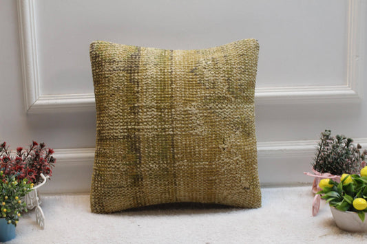 Vintage Turkish Kilim Pillow Cover: Handwoven Wool, 16x16 inch