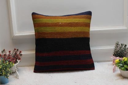 Handmade Kilim Pillow Cover: Upcycled Woven Wool, Boho Home Decor (16x16 inch)