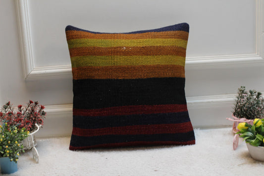 Handmade Kilim Pillow Cover: Upcycled Woven Wool, Boho Home Decor (16x16 inch)