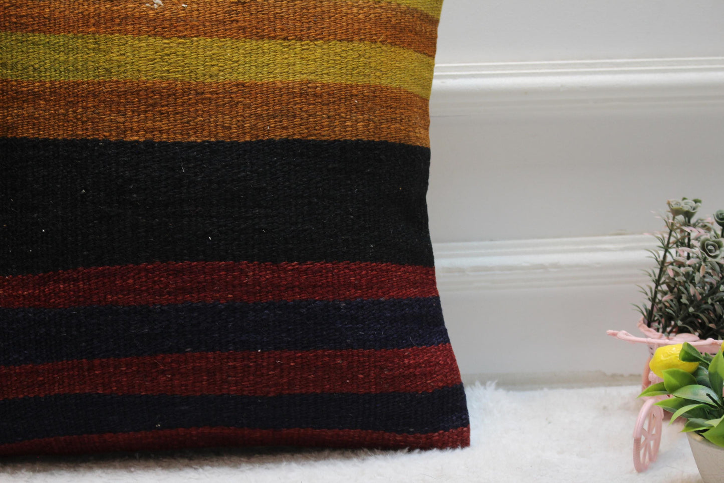 Handmade Kilim Pillow Cover: Upcycled Woven Wool, Boho Home Decor (16x16 inch)