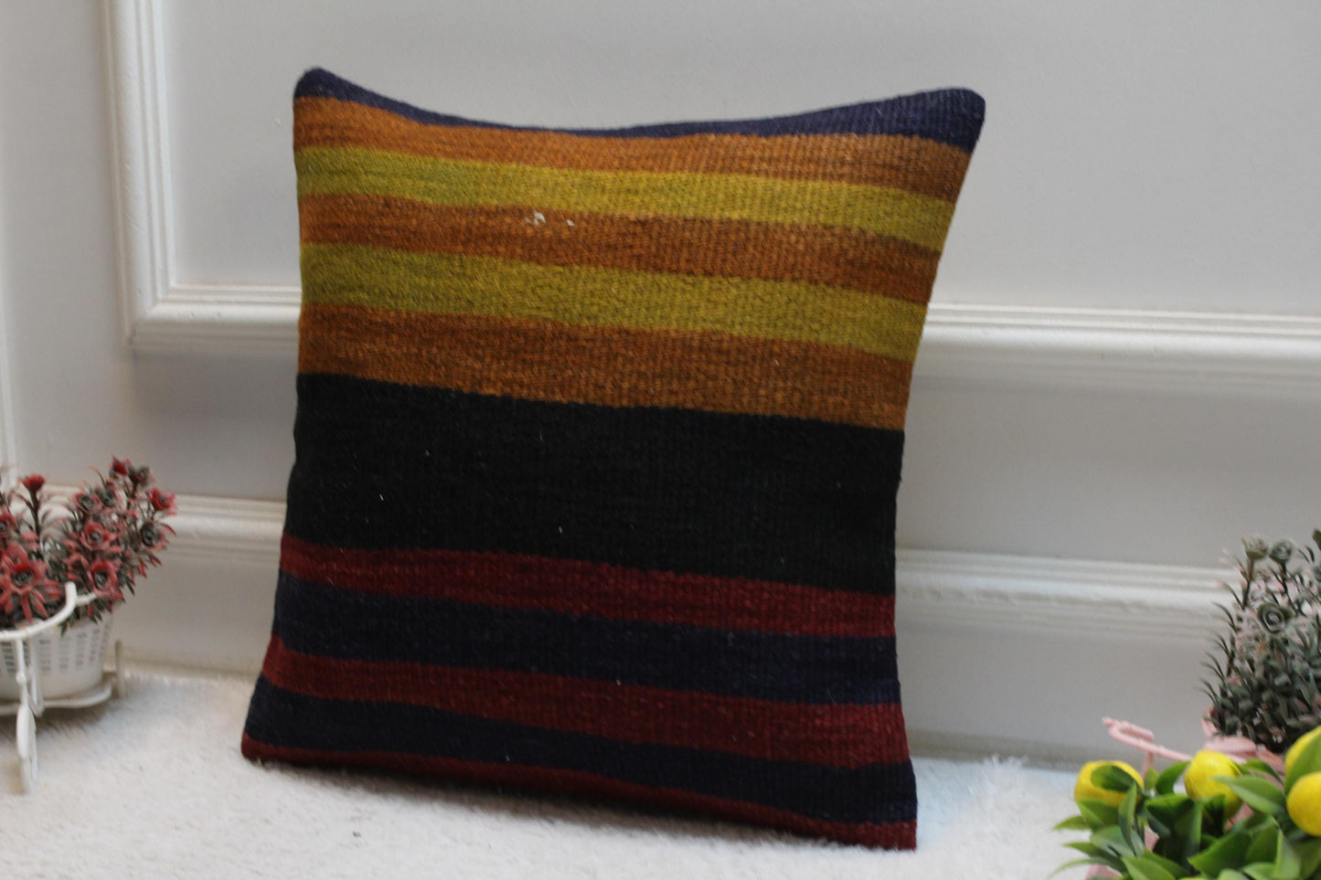 Handmade Kilim Pillow Cover: Upcycled Woven Wool, Boho Home Decor (16x16 inch)