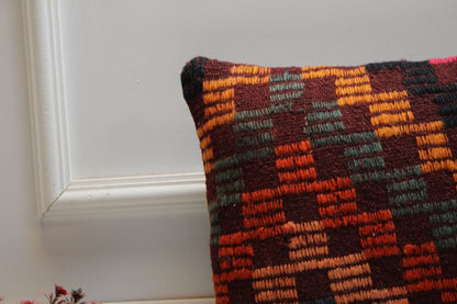 Vintage Kilim Pillow Cover: Geometric Rainbow Woven Throw Pillow (16x16 in)