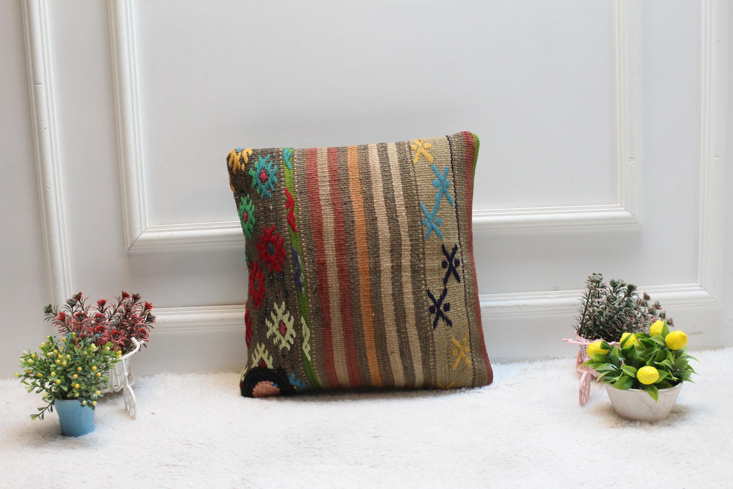 Vintage Kilim Pillow Cover: Handmade Rainbow Woven Rug, 16x16 Inch