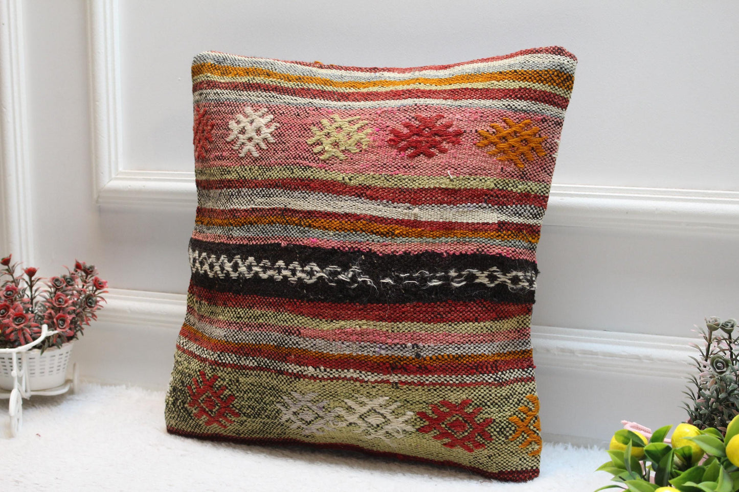 Handmade Kilim Pillow Cover: Striped Boho Accent Pillow, 16x16