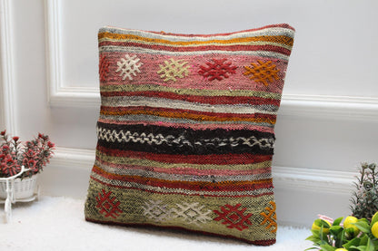 Handmade Kilim Pillow Cover: Striped Boho Accent Pillow, 16x16