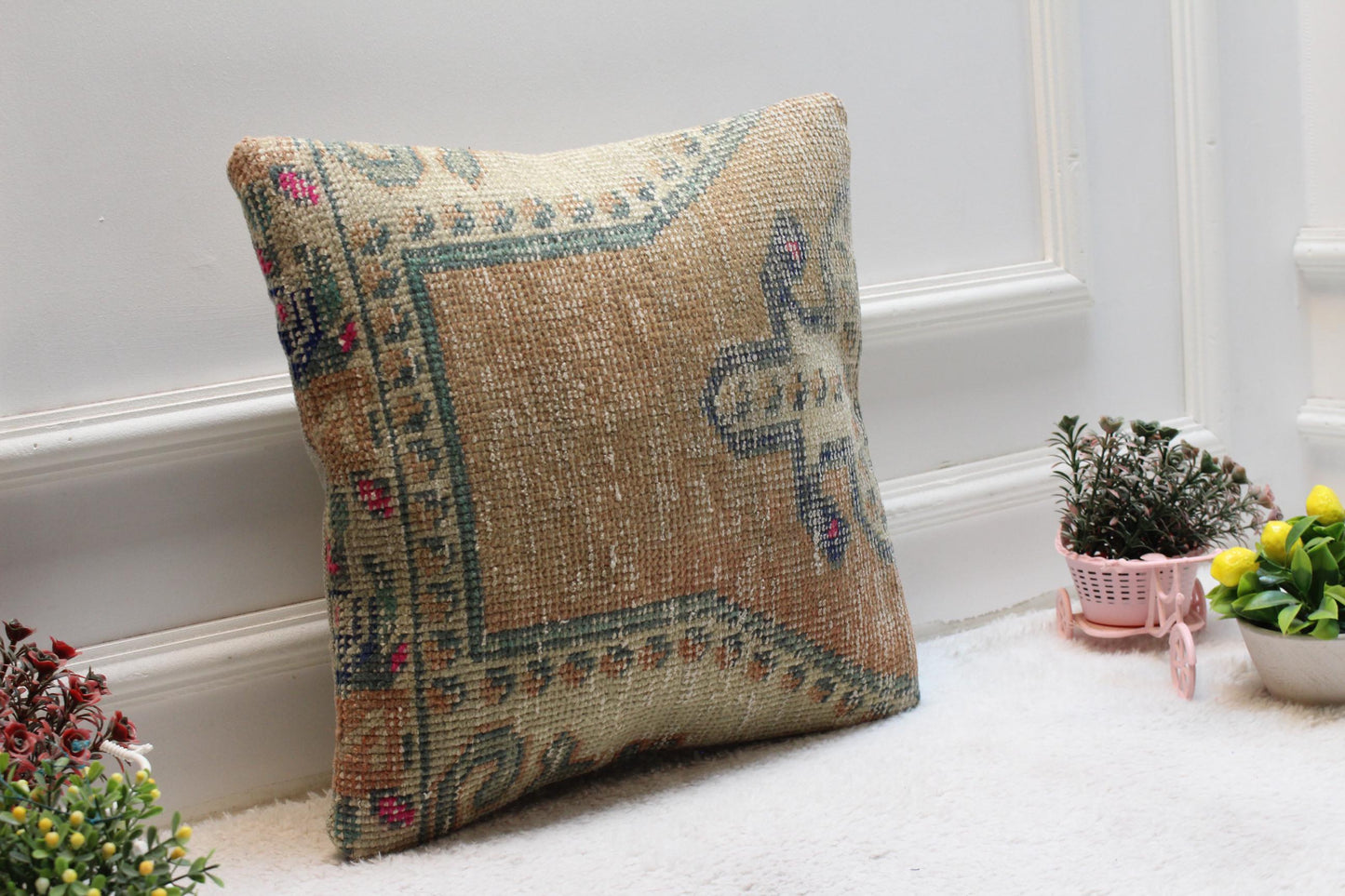 Handmade Turkish Rug Pillow Cover: Upcycled Kilim, 16x16 Square