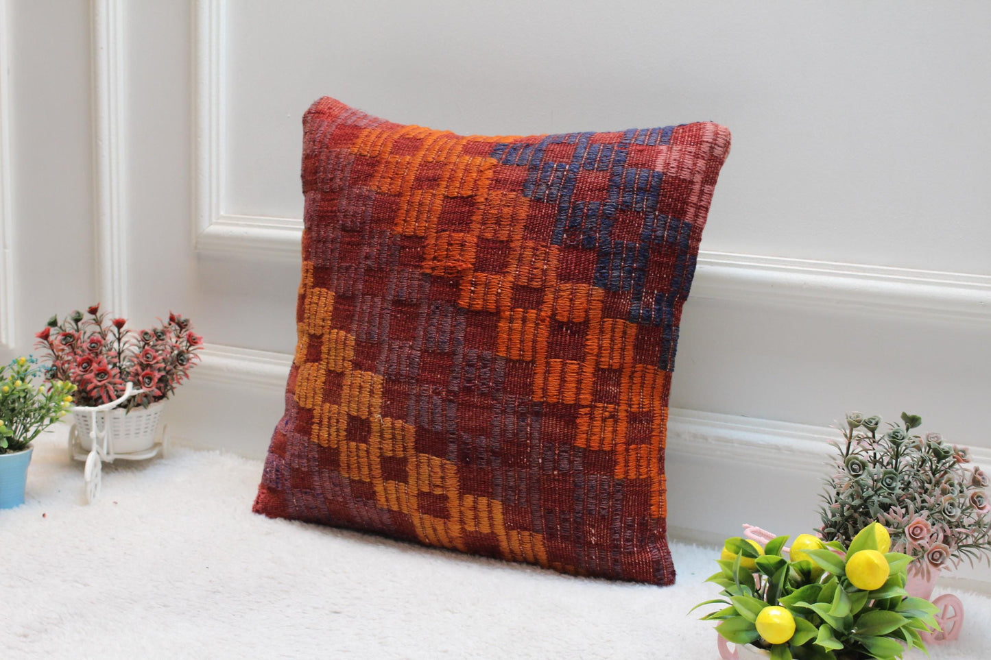 Rainbow Kilim Pillow Cover: Vintage Woven Wool, 16x16"