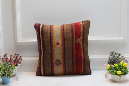 Handmade Kilim Pillow Cover: Vintage Wool Throw Cushion (16x16 Inch)
