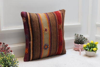 Handmade Kilim Pillow Cover: Vintage Wool Throw Cushion (16x16 Inch)