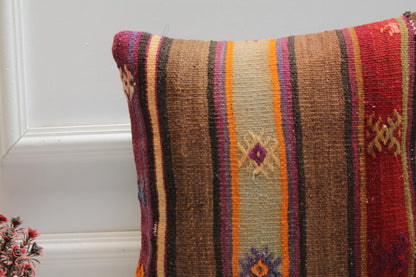 Handmade Kilim Pillow Cover: Vintage Wool Throw Cushion (16x16 Inch)