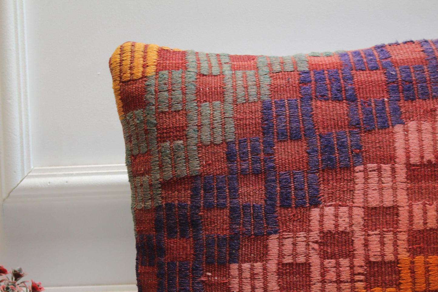 Handmade Kilim Pillow Cover: Geometric Woven Wool, 16x16 Vintage Cushion