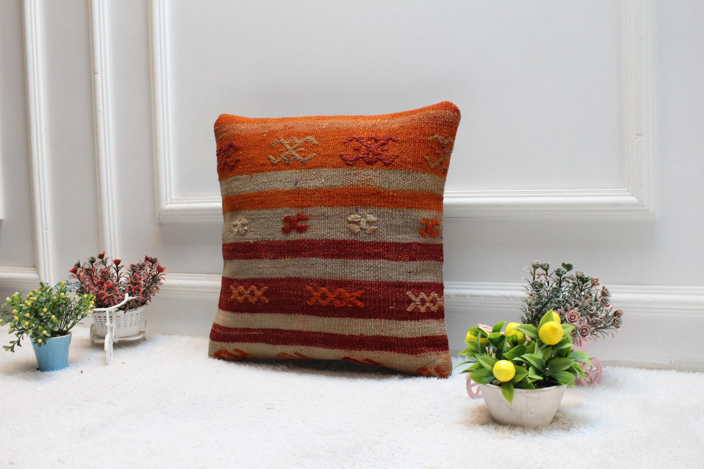 Kilim Pillow | Organic Wool Anatolian Cushion Cover | 16x16 Inch Square Home Design Decor