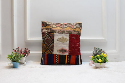 Kilim Pillow - Handmade Patchwork Design 16x16 Square Decorative Organic Wool Pillow Case