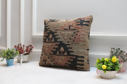 Handmade Kilim Pillow Cover: Upcycled Woven Rug, Bohemian Decor (16x16 inch)