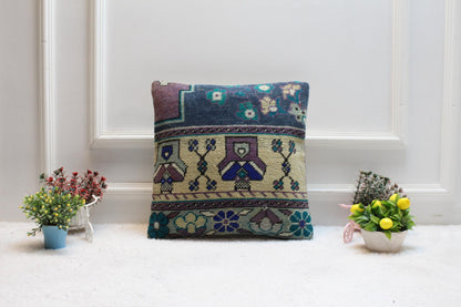 Handmade Kilim Pillow Cover: Upcycled Turkish Wool Rug, 16x16 inc