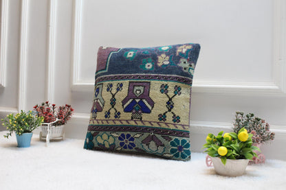 Handmade Kilim Pillow Cover: Upcycled Turkish Wool Rug, 16x16 inc