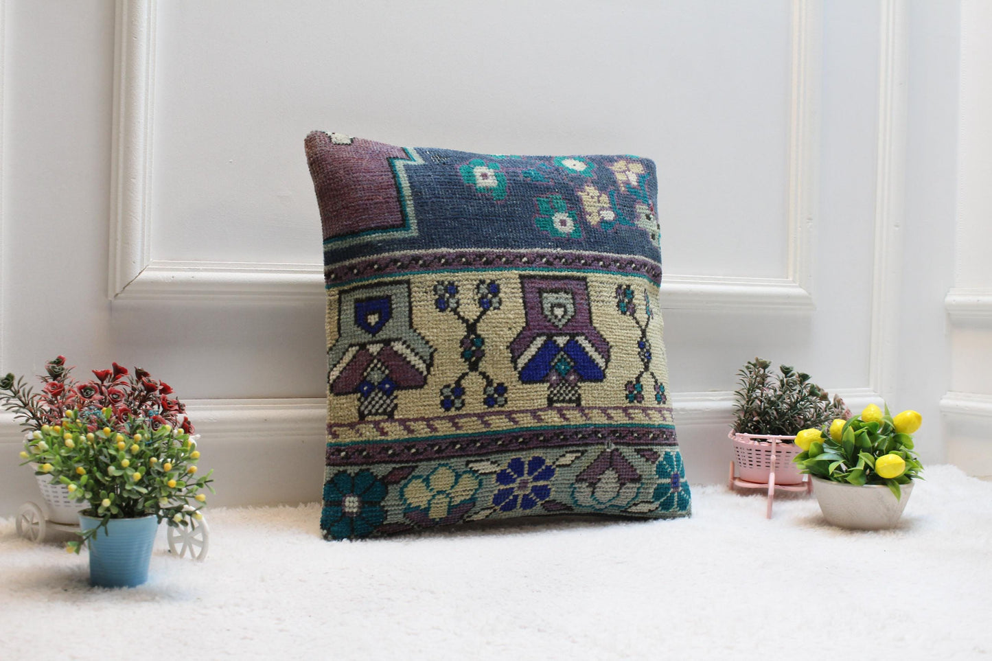 Handmade Kilim Pillow Cover: Upcycled Turkish Wool Rug, 16x16 inc
