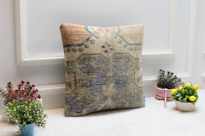 Geometric Kilim Pillow Cover: Upcycled Turkish Rug, 16x16 inch