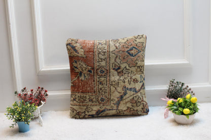 Handmade Turkish Rug Pillow Cover: Red & Beige Woven Wool, 16x16 Square