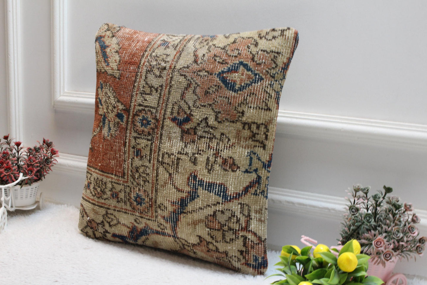 Handmade Turkish Rug Pillow Cover: Red & Beige Woven Wool, 16x16 Square