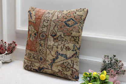 Handmade Turkish Rug Pillow Cover: Red & Beige Woven Wool, 16x16 Square