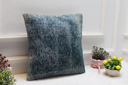 Blue Kilim Pillow Cover: 16x16 Turkish Rug, Upcycled Wool