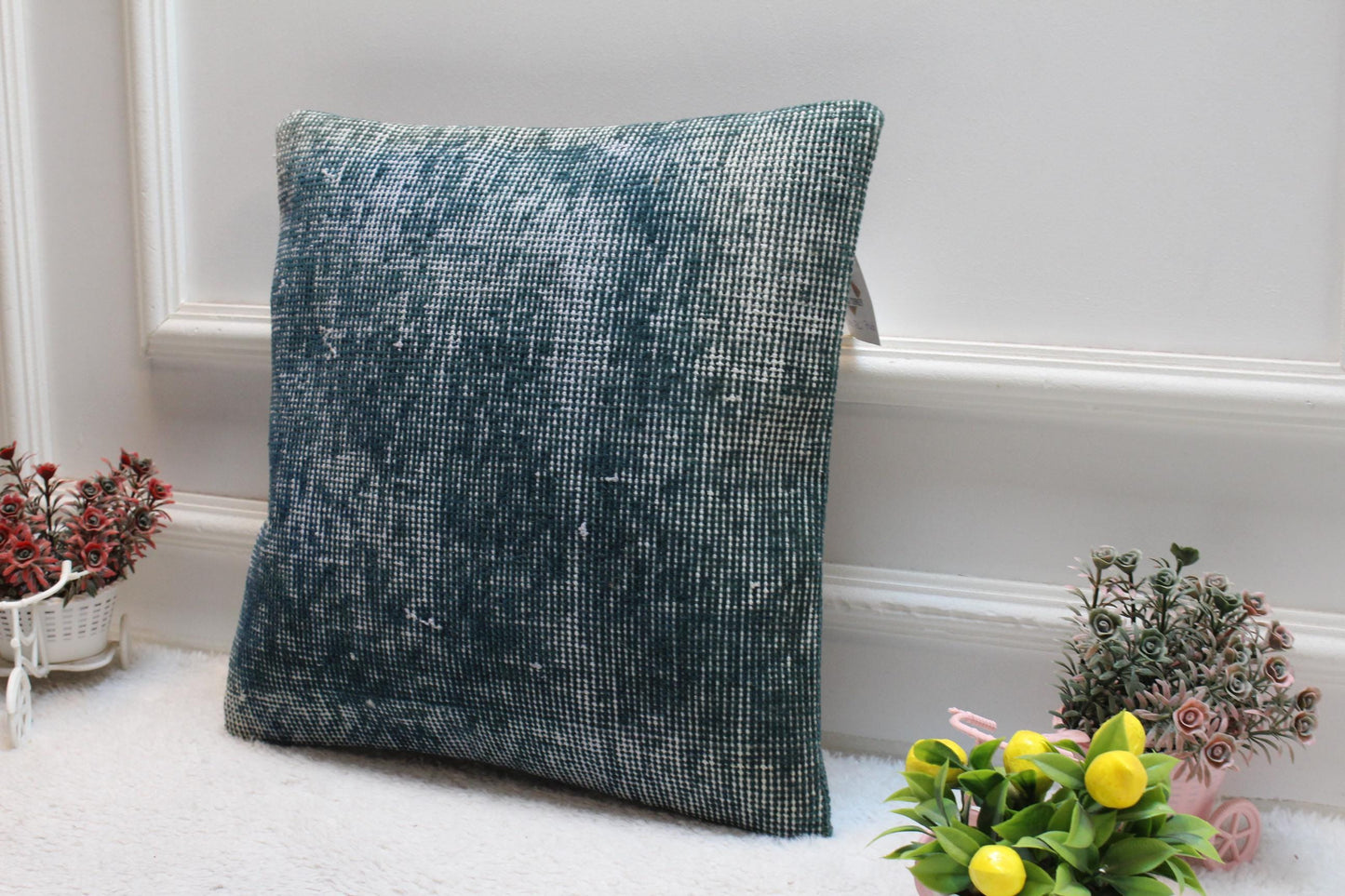 Blue Kilim Pillow Cover: 16x16 Turkish Rug, Upcycled Wool