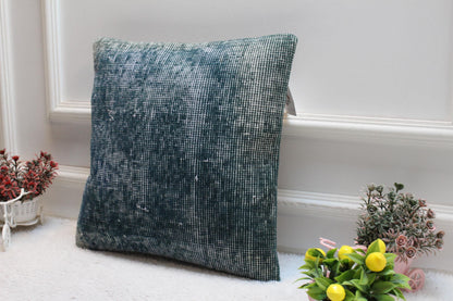 Blue Kilim Pillow Cover: 16x16 Turkish Rug, Upcycled Wool