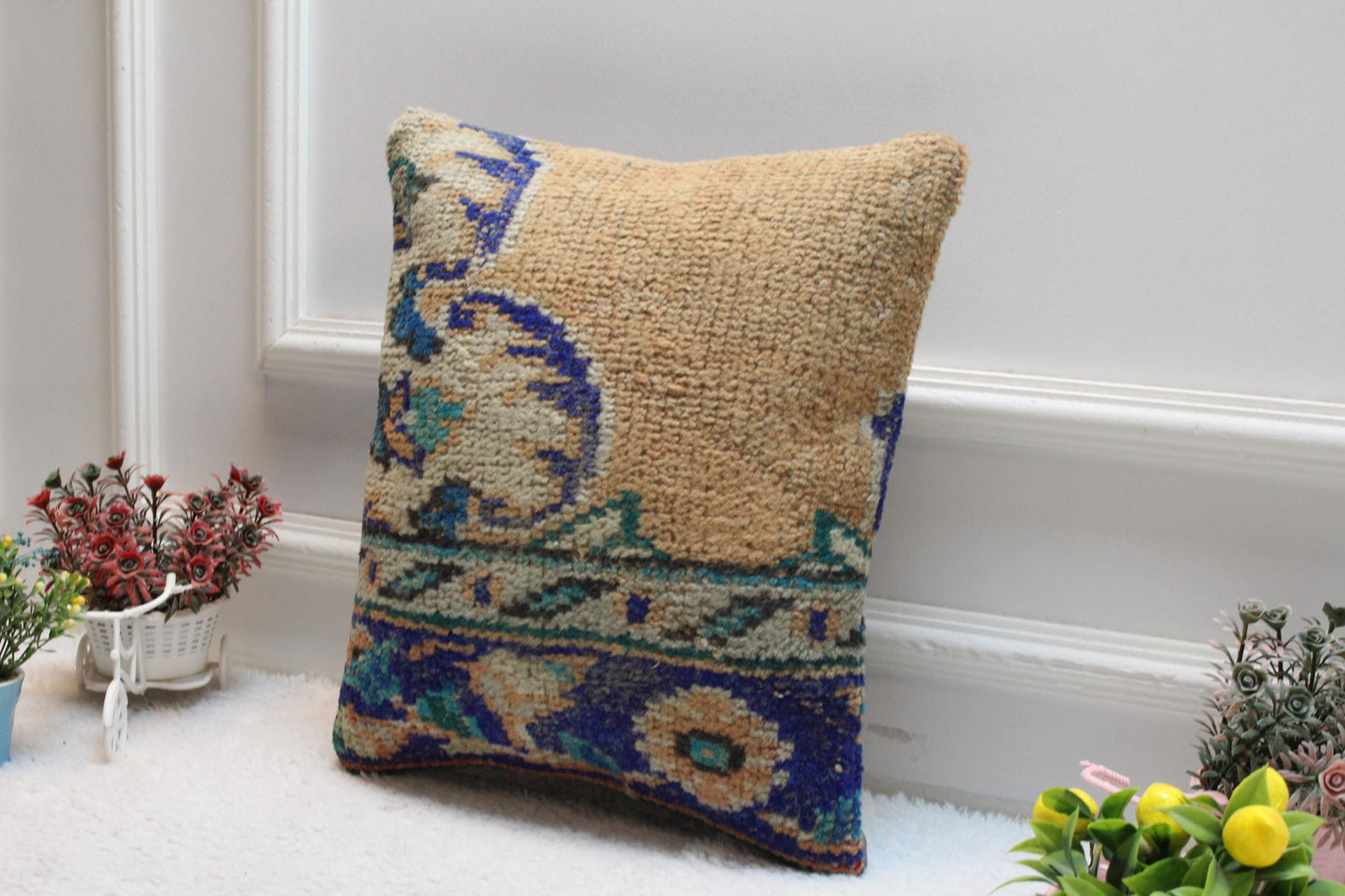 Handmade Turkish Rug Pillow Cover: Beige Wool Kilim, 16x16 Square