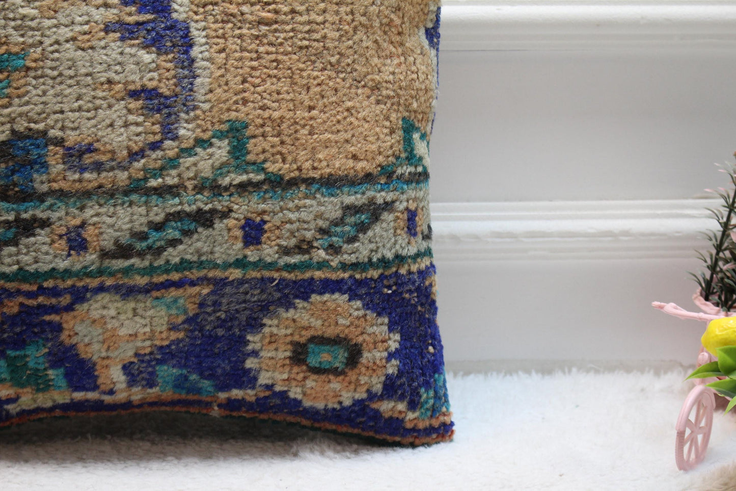 Handmade Turkish Rug Pillow Cover: Beige Wool Kilim, 16x16 Square