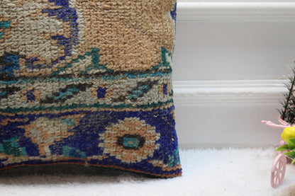 Handmade Turkish Rug Pillow Cover: Beige Wool Kilim, 16x16 Square
