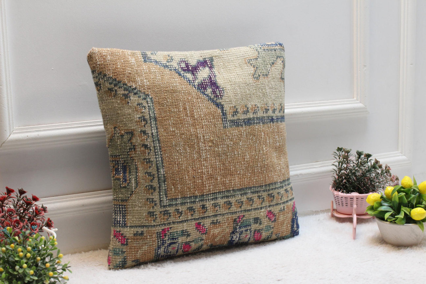 Square Turkish Rug Pillow Cover: Upcycled Kilim, 16x16 inch