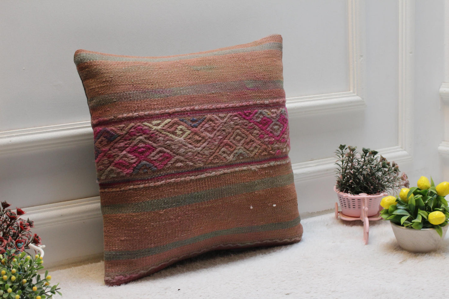 Handmade Kilim Pillow Cover: Organic Wool, Bohemian Home Decor (16x16 inch)