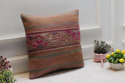 Handmade Kilim Pillow Cover: Organic Wool, Bohemian Home Decor (16x16 inch)