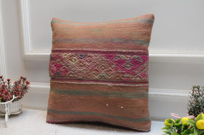 Handmade Kilim Pillow Cover: Organic Wool, Bohemian Home Decor (16x16 inch)