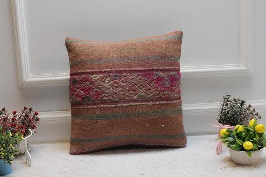 Handmade Kilim Pillow Cover: Organic Wool, Bohemian Home Decor (16x16 inch)