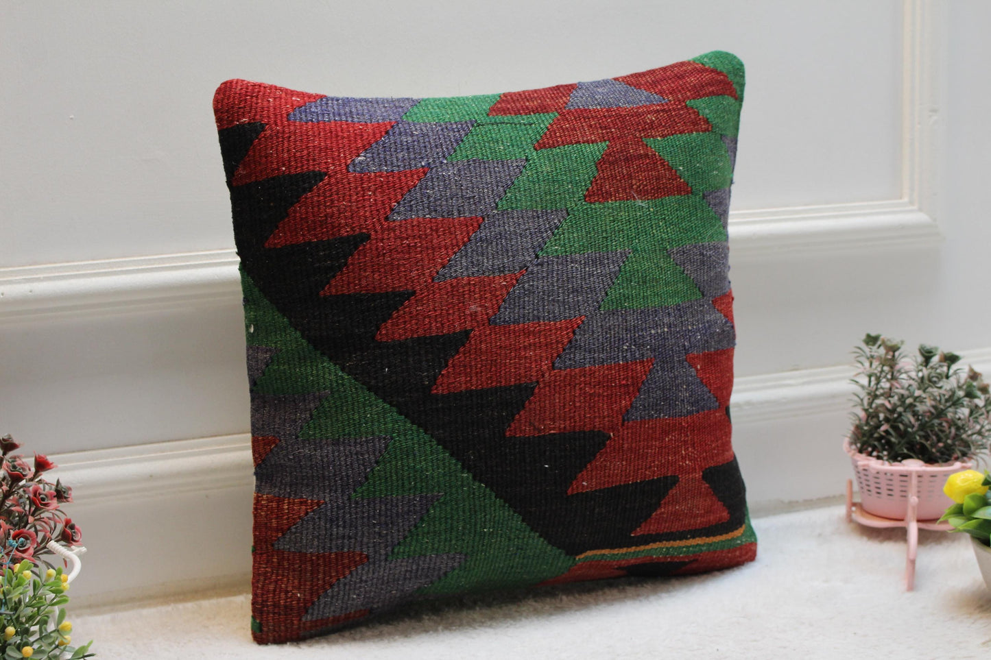 Rainbow Kilim Pillow Cover: 16x16 Square Turkish Ethnic Pillow